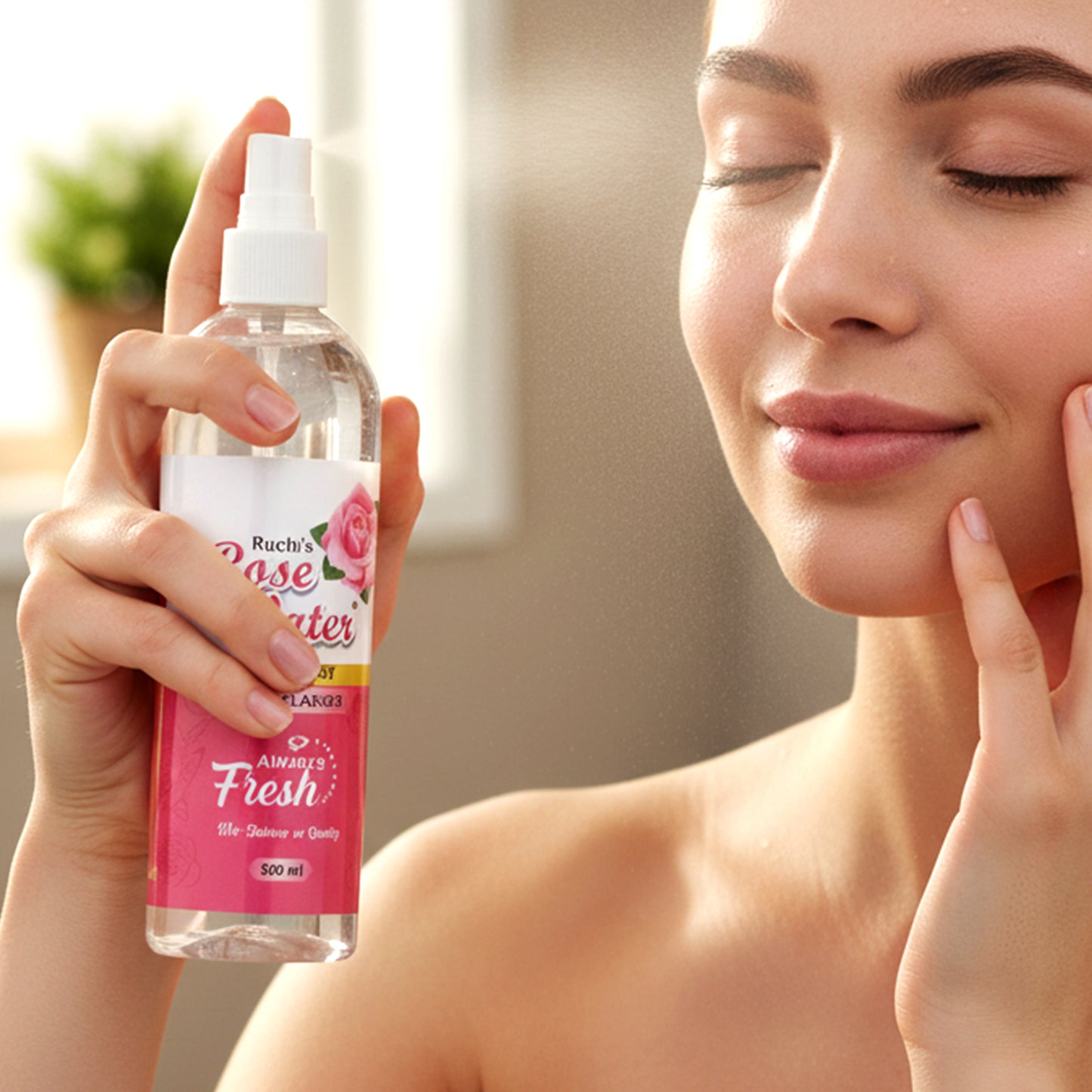 Wukusy Rose Water Face Cleanser Spray Bottle, 500 ml, clear plastic bottle with rose water facial spray for skincare.