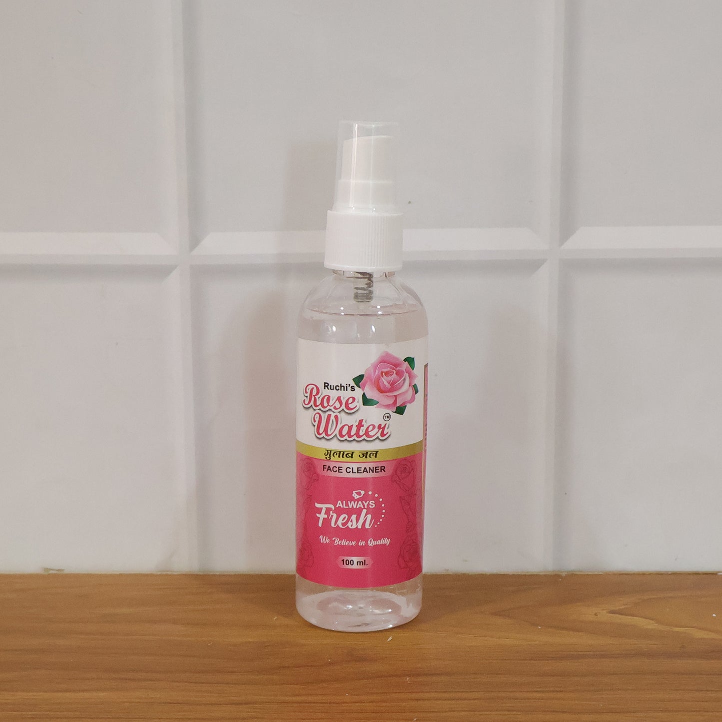 Wukusy Rose Water Face Mist Spray 100ml bottle with clear label, used for refreshing and hydrating skin.