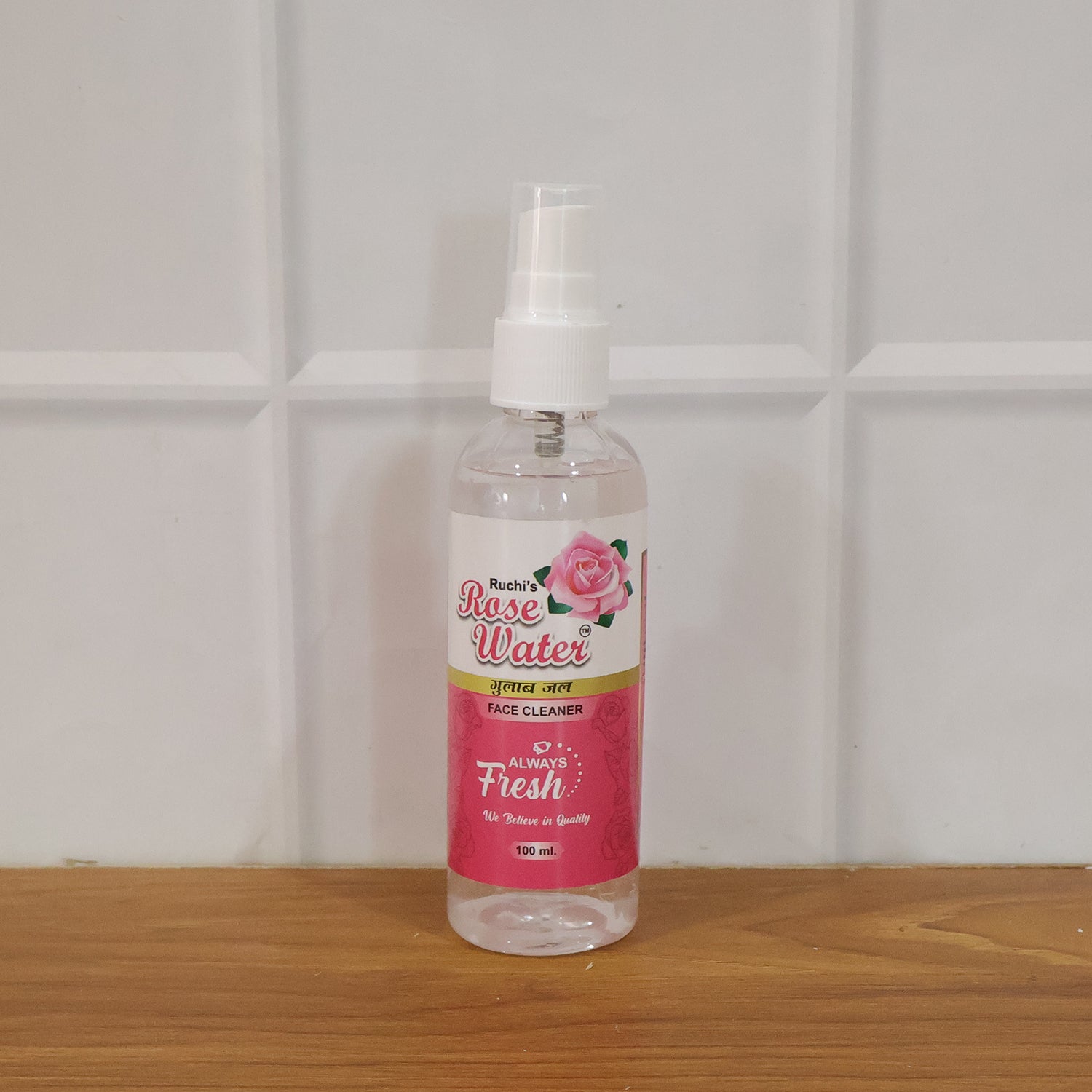 Wukusy Rose Water Face Mist Spray 100ml bottle with clear label, used for refreshing and hydrating skin.