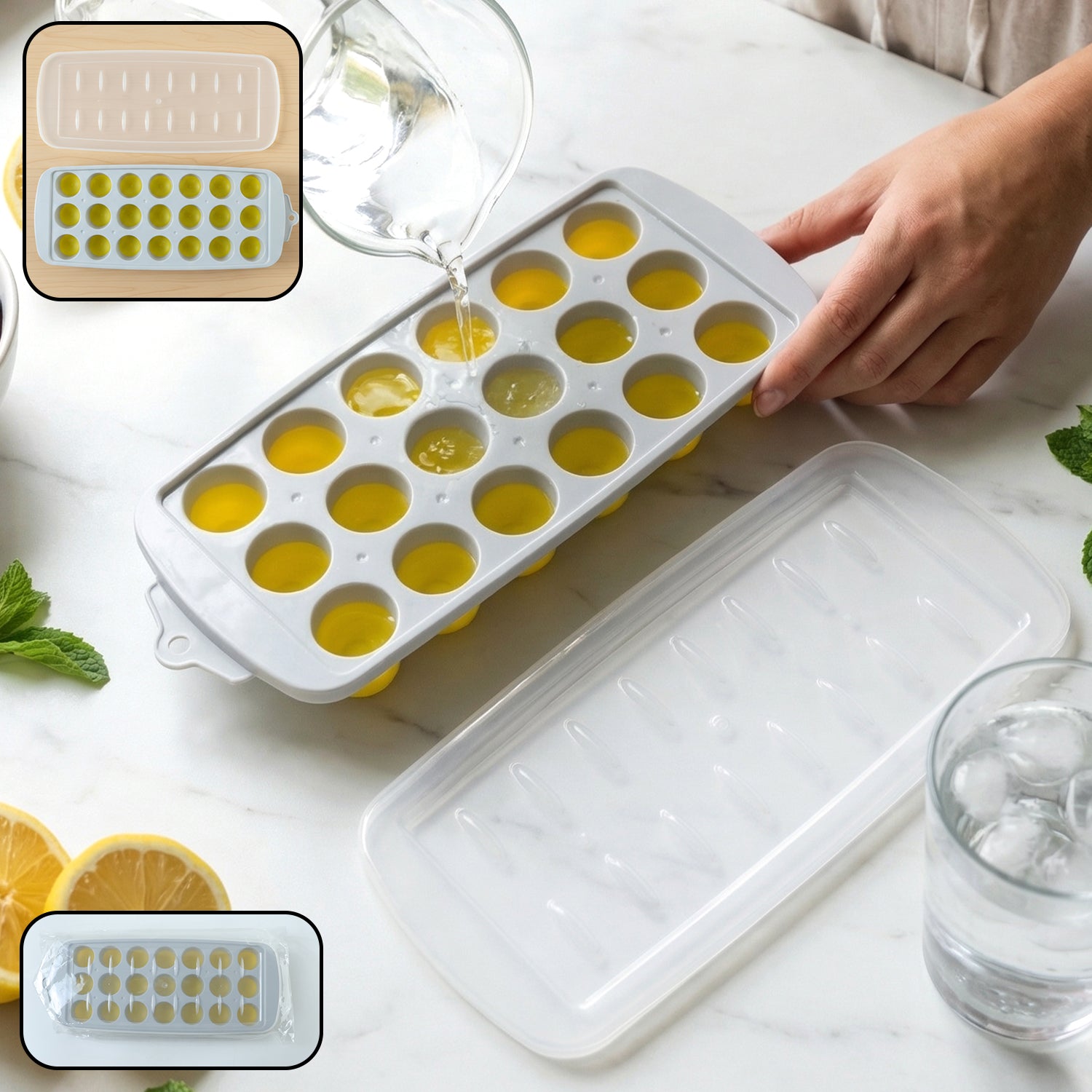 Wukusy round ball ice cube tray with lid, 21-grid ice mold tray for making spherical ice cubes in a kitchen setting