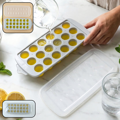 Wukusy round ball ice cube tray with lid, 21-grid ice mold tray for making spherical ice cubes in a kitchen setting