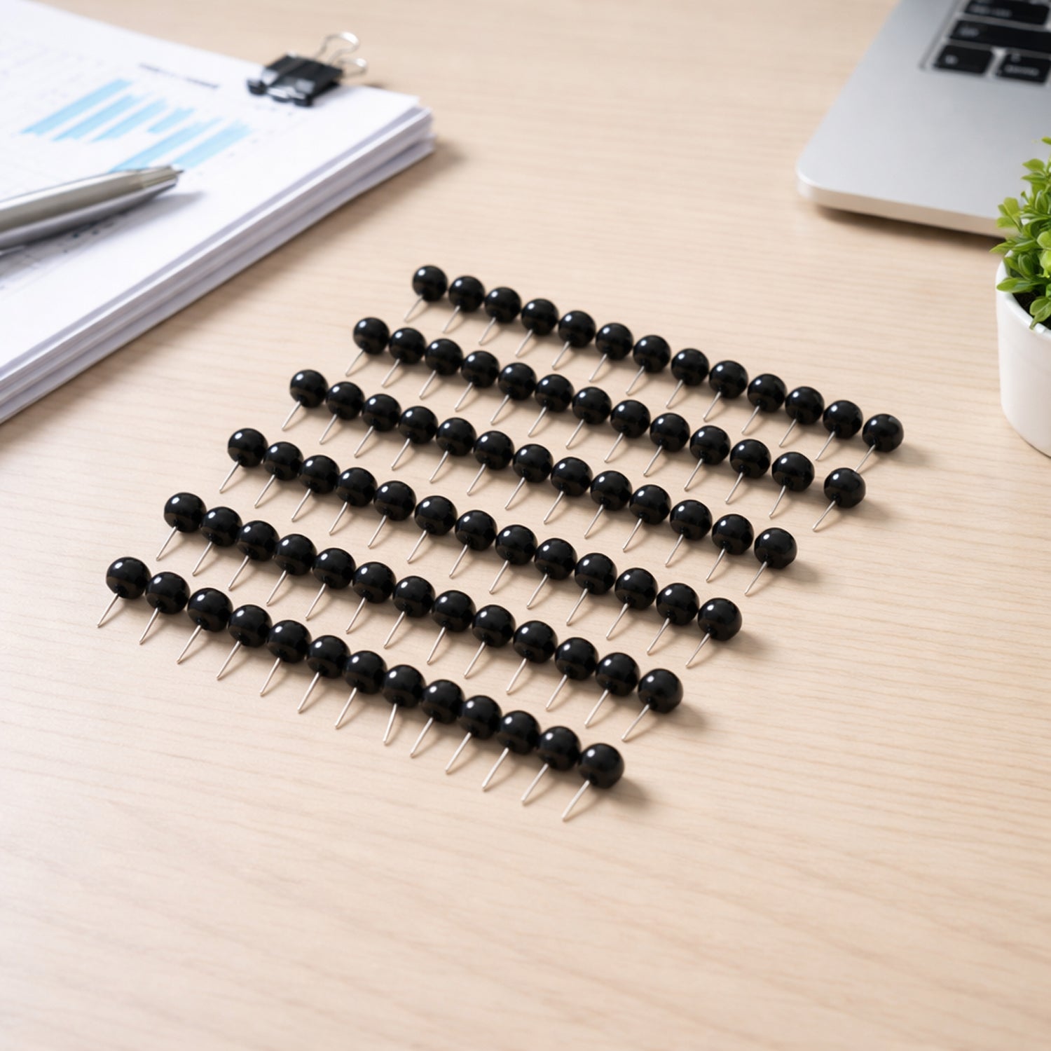Wukusy round head push pins set with 80 durable metal thumbtacks for office and home use, featuring easy-to-press round heads.