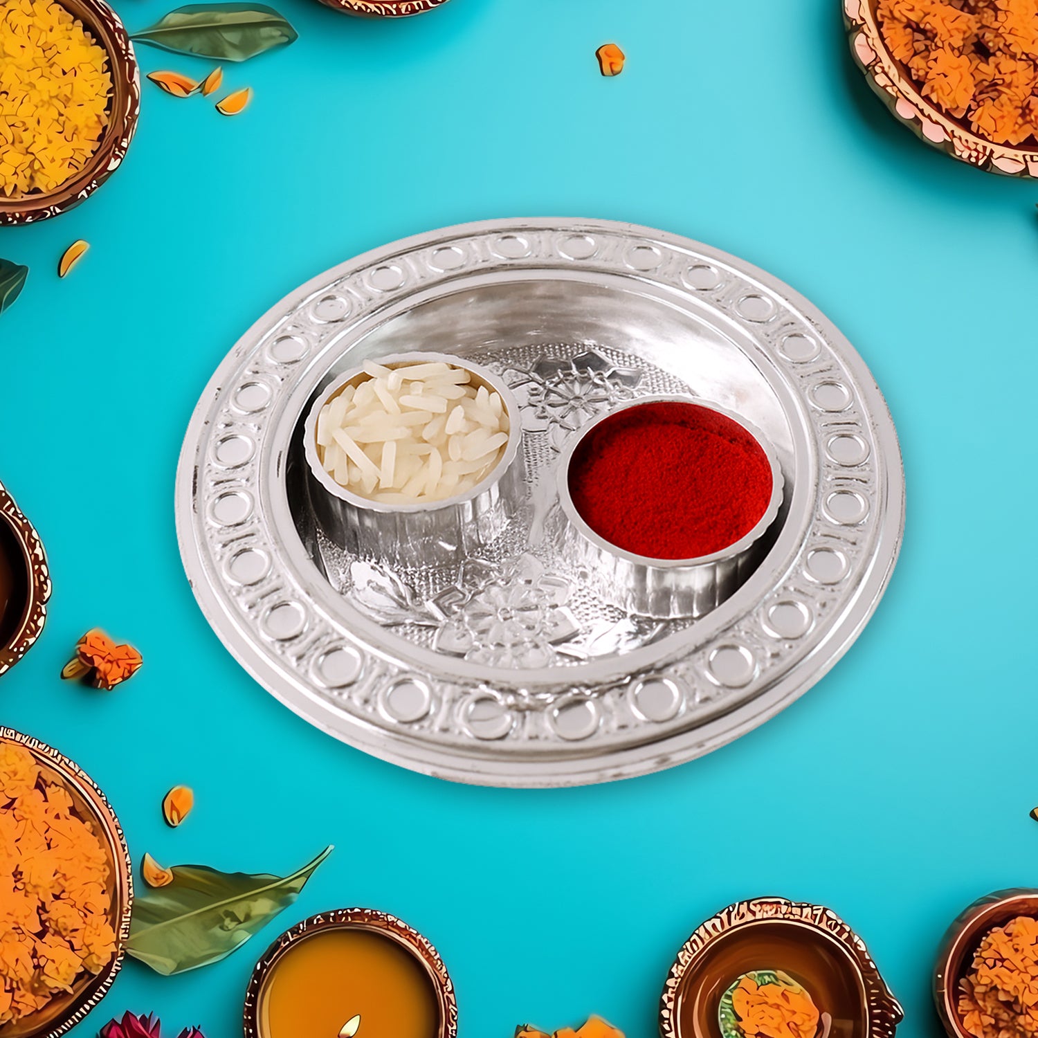 Small round Puja Thali Kumkum holder by Wukusy, traditional brass design for religious offerings and rituals.