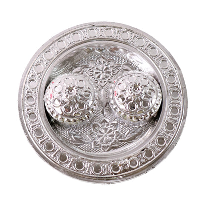 Small round Puja Thali holder by Wukusy, designed for kumkum and religious offerings, with a decorative shape for traditional rituals.