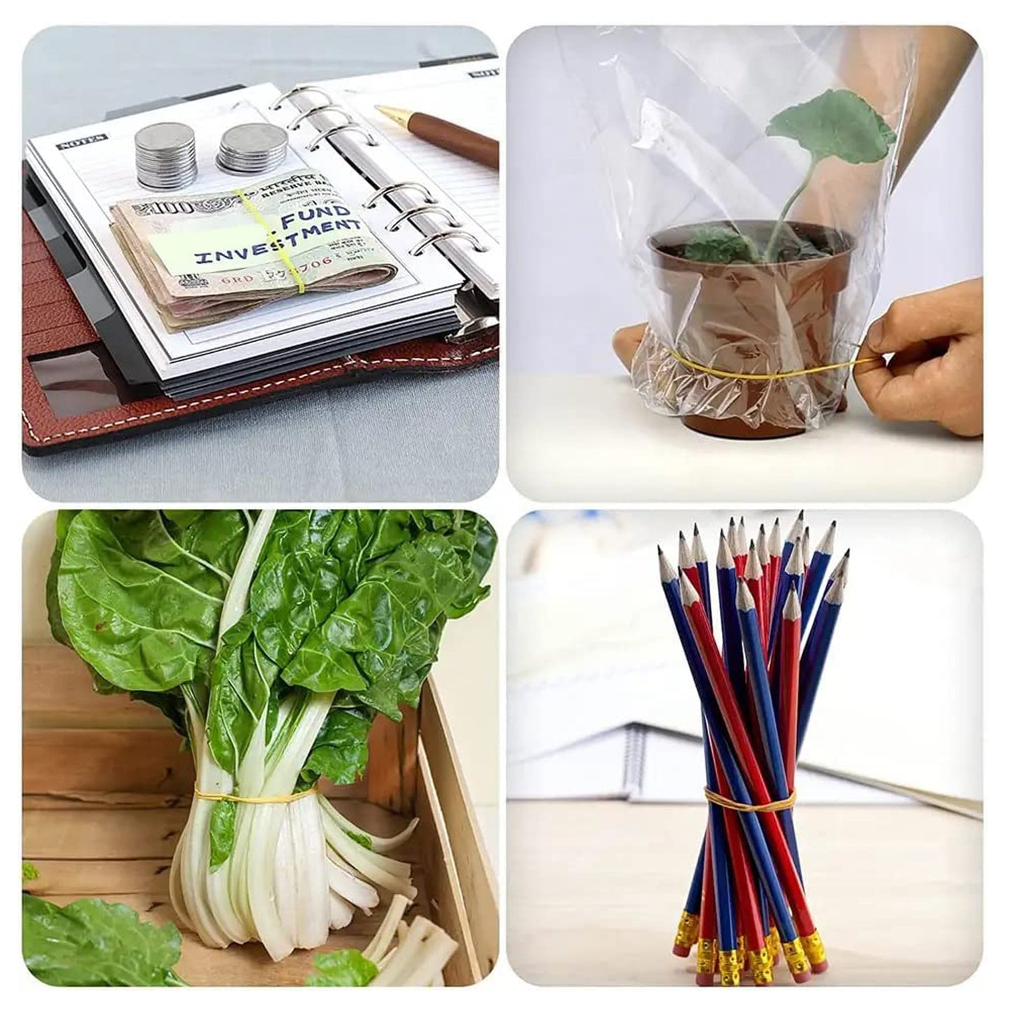 Multicolor elastic rubber bands from Wukusy for office, kitchen, and stationery use, flexible, reusable, and unbreakable nylon material.