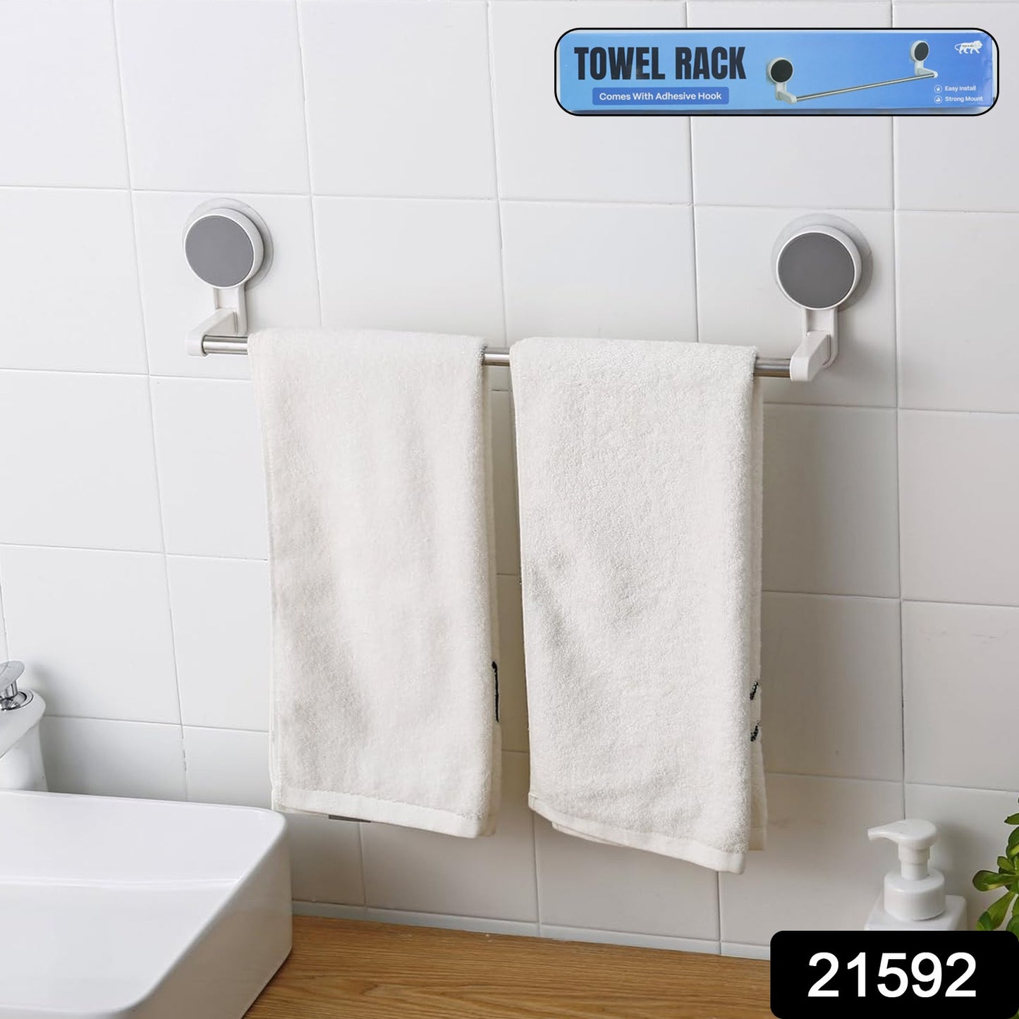 Wukusy self-adhesive towel rod rack mounted on bathroom wall, stainless steel finish, holds towels securely without drilling
