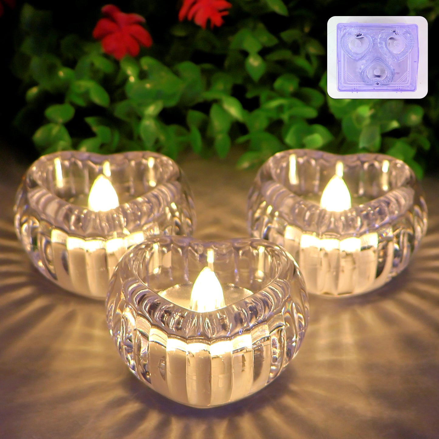 Set of 3 Wukusy heart-shaped LED flameless decorative candles with warm glow and realistic flickering effect.