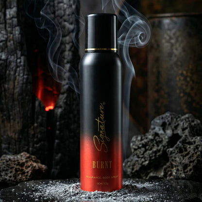 Wukusy Signature Premium Burnt Fragrance Body Spray for Men, 150ml, featuring dark-colored spray bottle with sleek design.