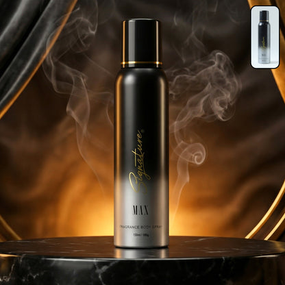 Wukusy Signature Premium Max Fragrance Body Spray 150ml bottle with sleek design and floral accents.
