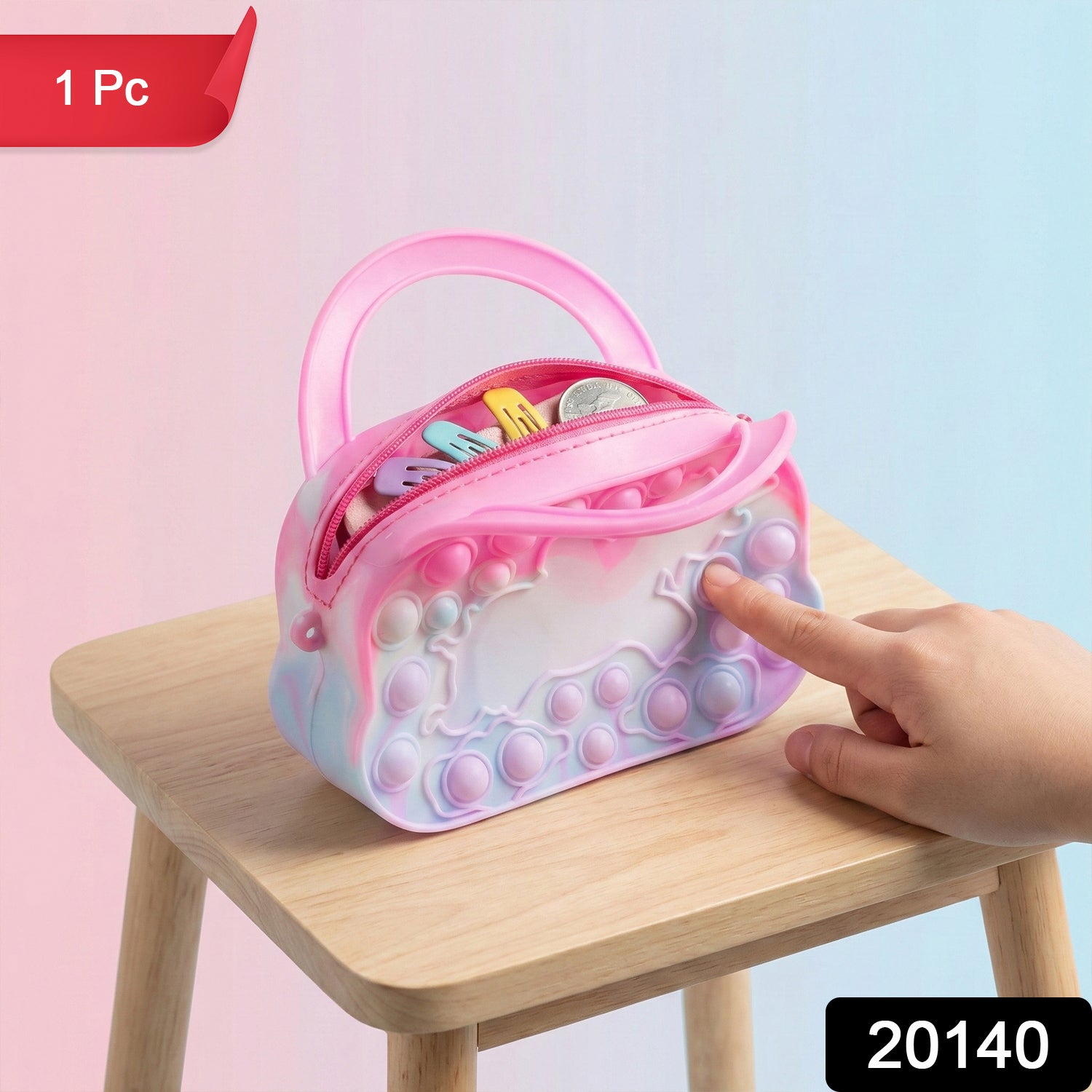 Wukusy silicone Pop It coin purse with zipper and handle, small, colorful, and soft for easy carrying and fun fidgeting.