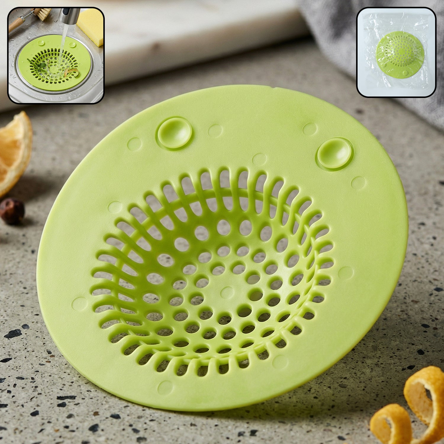 Wukusy silicone sink drain strainer in black, designed to catch debris and prevent clogs in kitchen sinks.