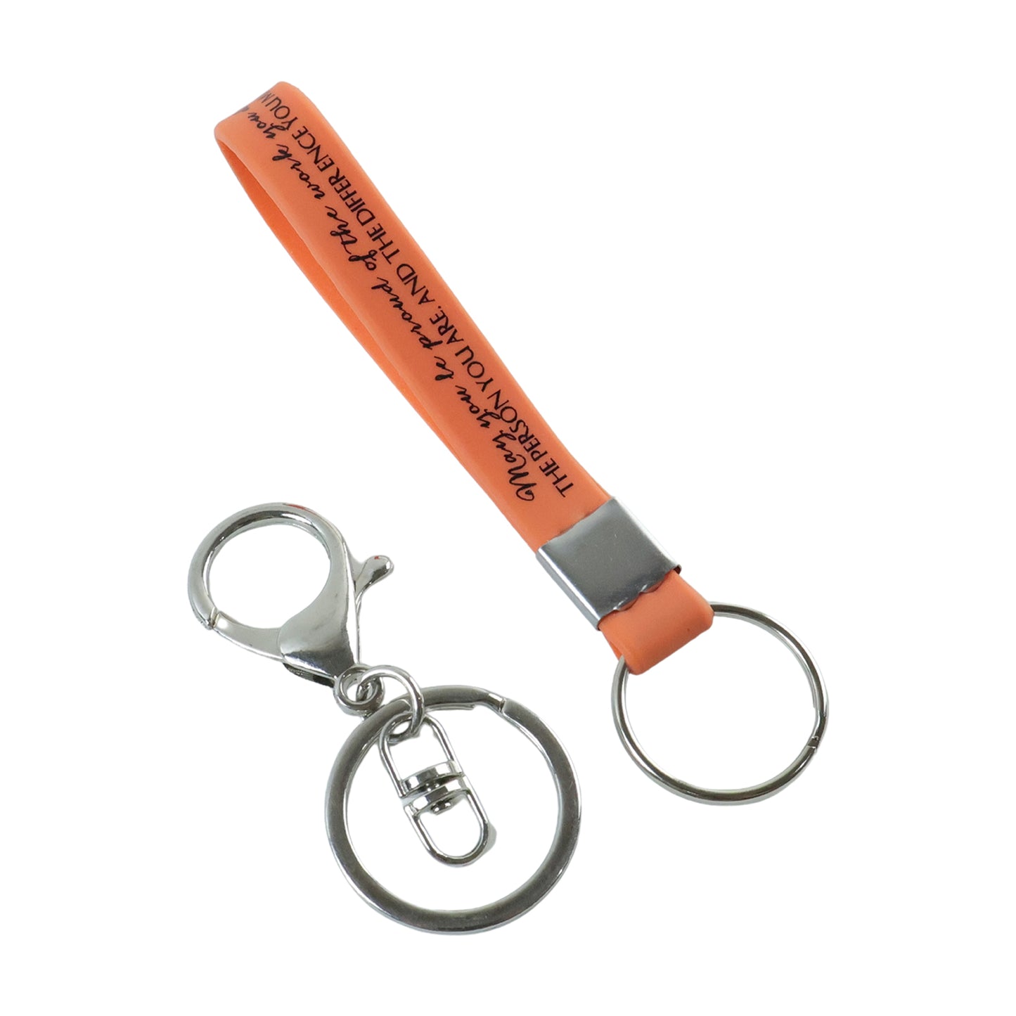 Two Wukusy silicone wrist strap keychains with metal key ring hooks, designed for secure and stylish key organization.