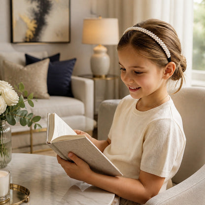 Elegant Wukusy slim pearl hairband for women, showcasing a sleek designer headband with pearl accents.