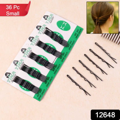 Set of 36 small black Wukusy hair bobby pins arranged in a pile, designed for securing hair discreetly.