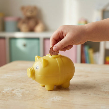 Small Wukusy piggy money bank coin saving box for kids, with a cute pig design and secure coin slot.