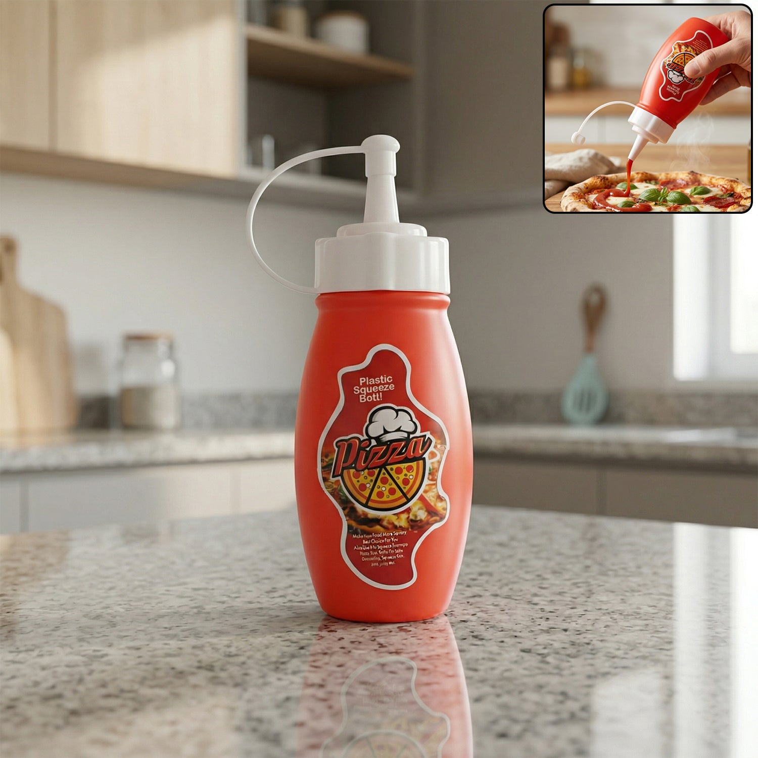 Small plastic squeeze sauce bottle by Wukusy for pizza ketchup and mayonnaise dispensing, suitable for sauces and condiments.