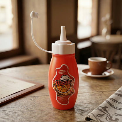 Small Wukusy plastic squeeze sauce bottle for pizza, ketchup, and mayonnaise dispensing, ideal for kitchen use.