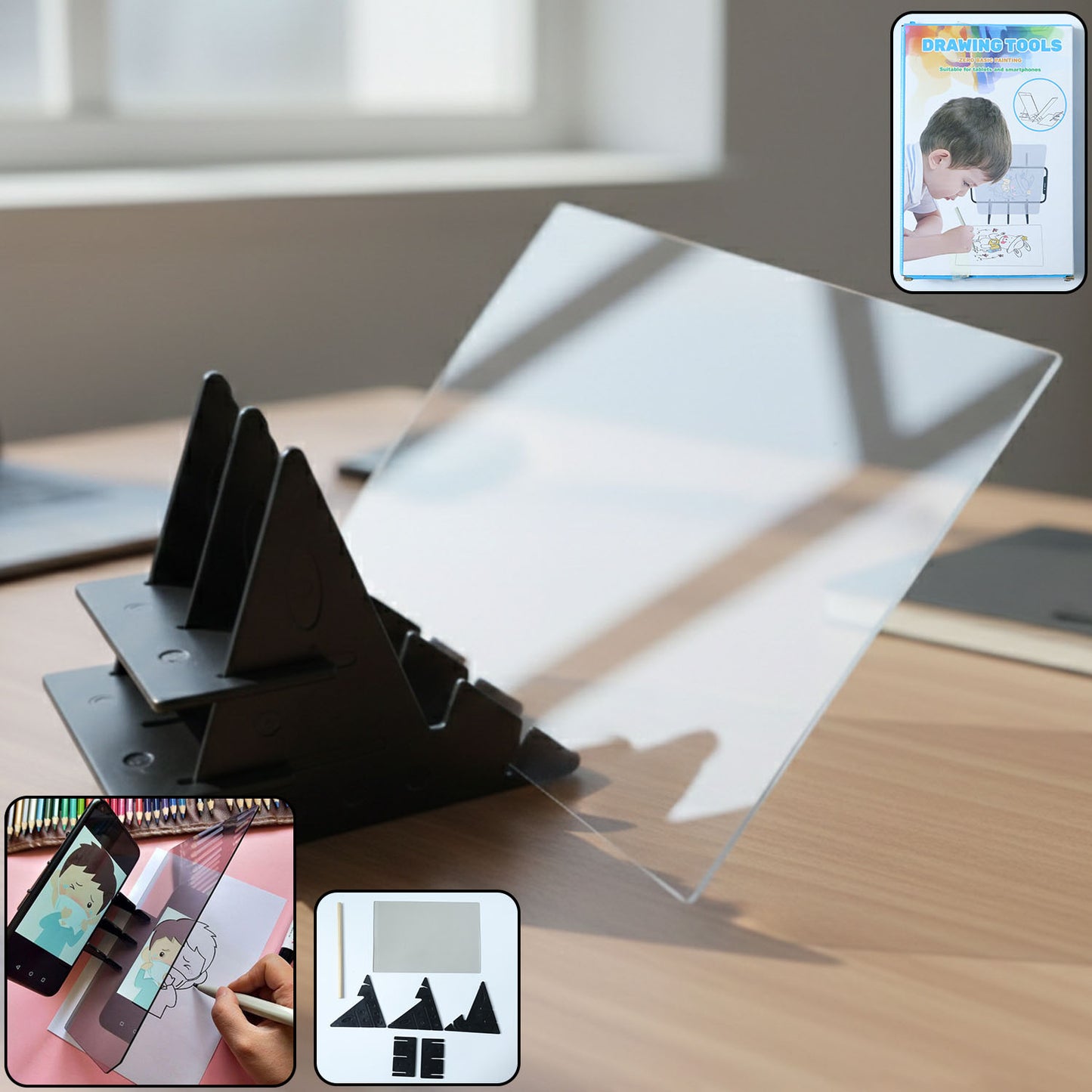 Wukusy smart mobile phone screen drawing projector board kit with projection surface, stylus, and accessories for creative display.