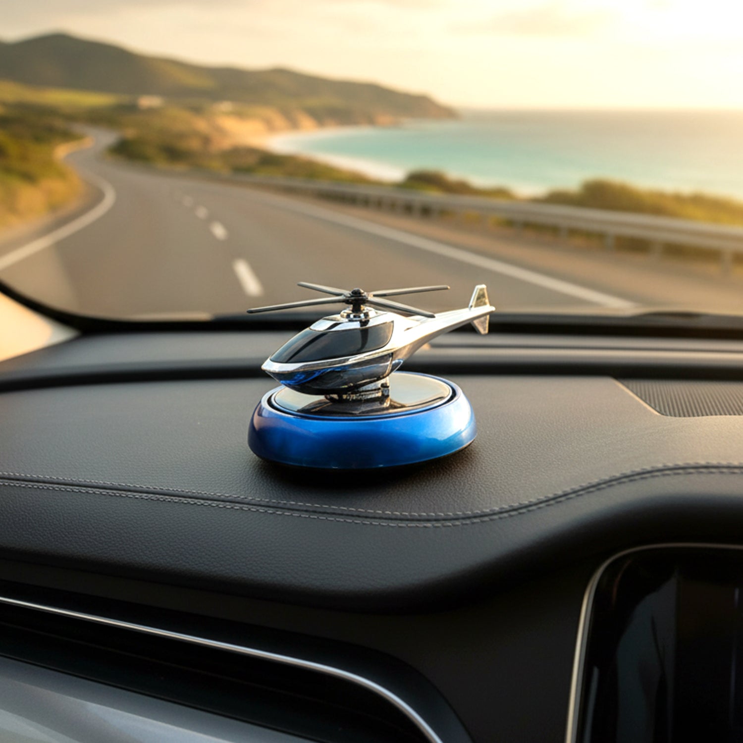 Wukusy solar helicopter car dashboard air freshener with rotating perfume decor on a vehicle dashboard.