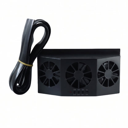 Wukusy solar-powered car window ventilation fan installed on a vehicle window, providing fresh air circulation.