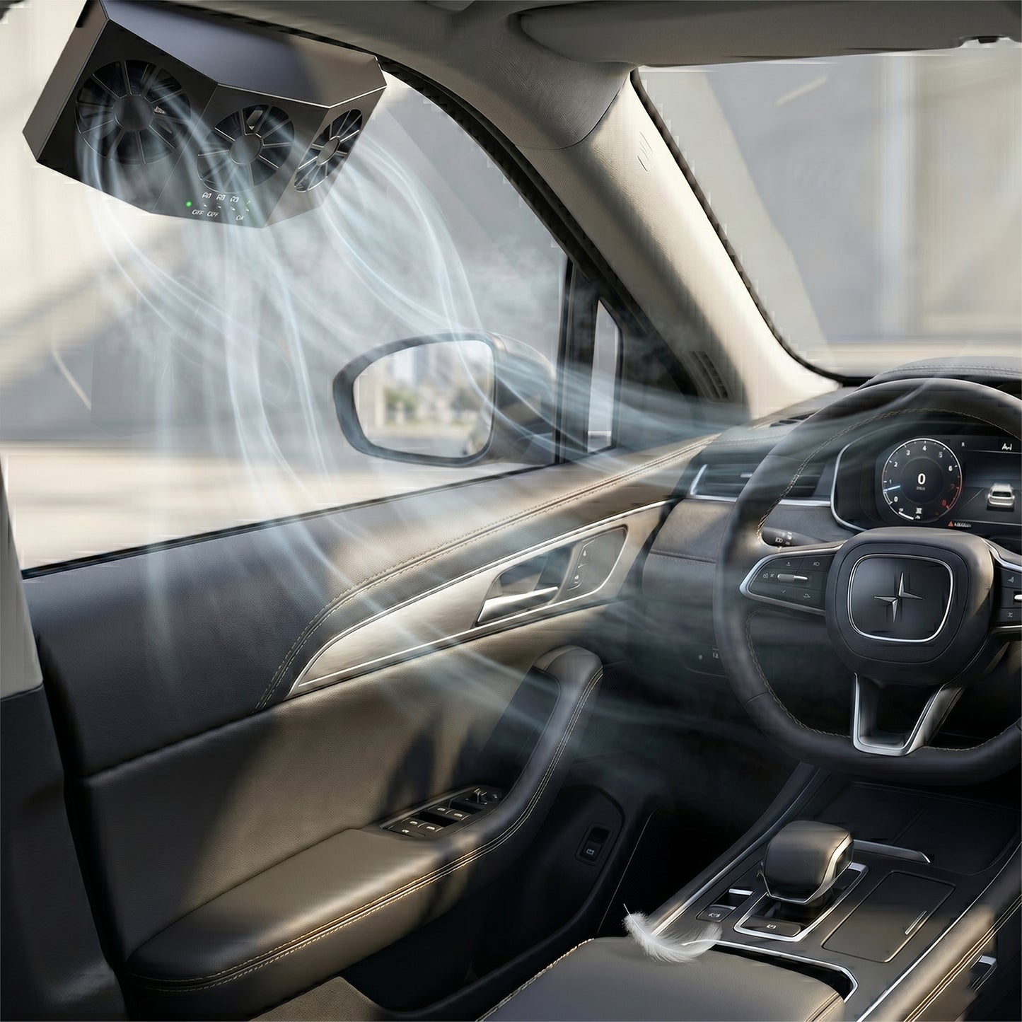 Wukusy solar powered car window ventilation fan installed on car window for fresh airflow and cooling.