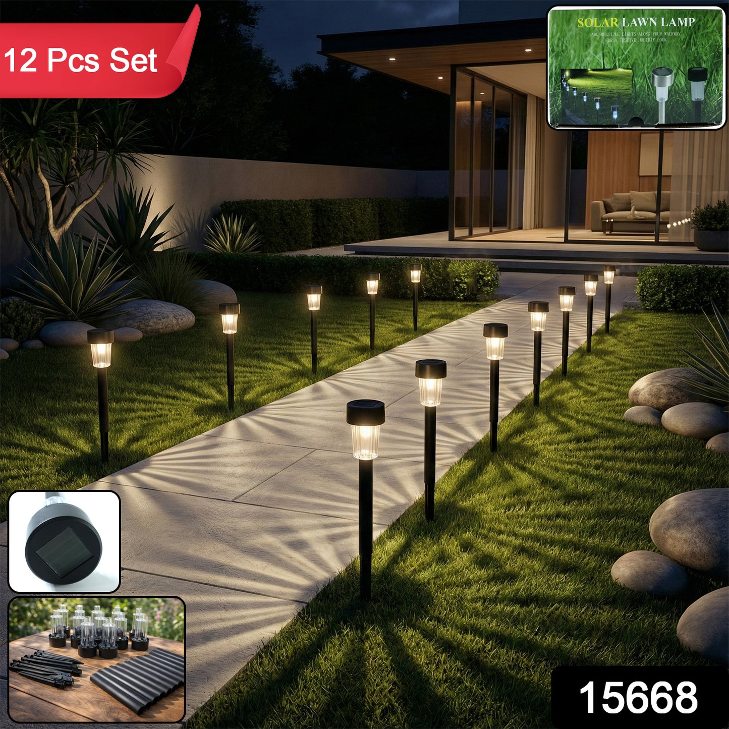 Wukusy solar-powered lawn pathway light set with 12 black stake lights illuminating garden walkways at night.