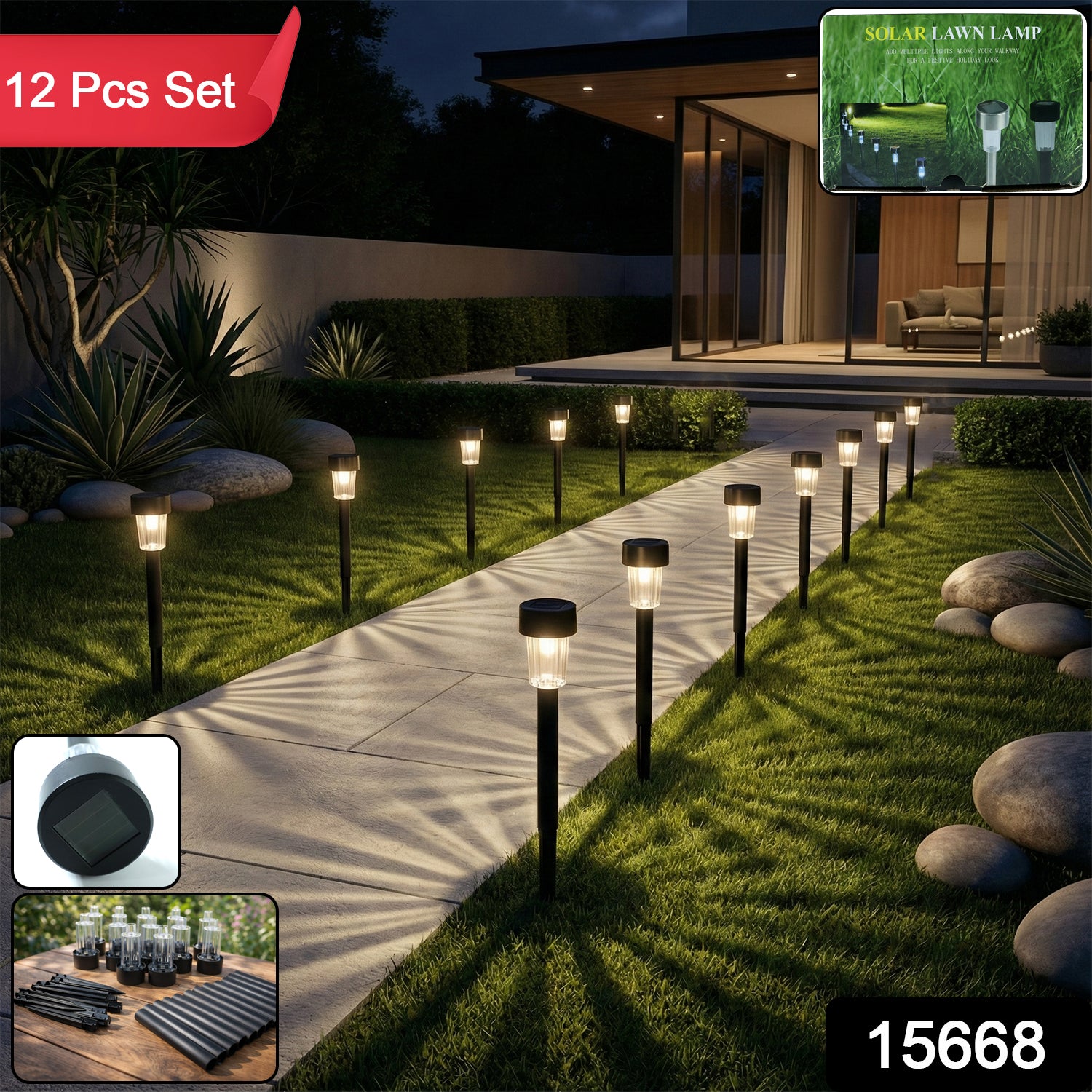 Wukusy solar-powered lawn pathway light set with 12 black stake lights illuminating garden walkways at night.