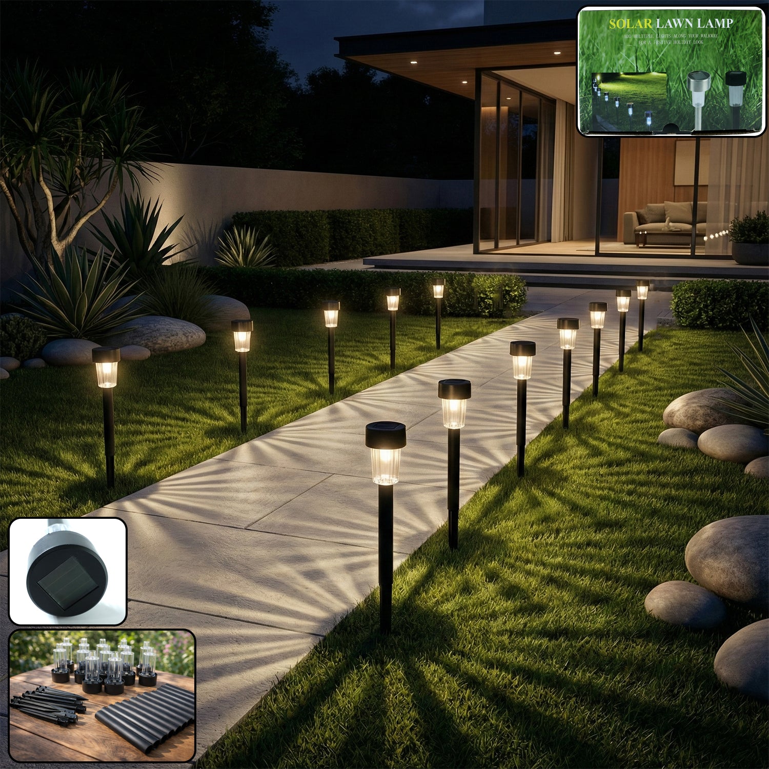Wukusy solar-powered lawn pathway light set with 12 black stake lights illuminating garden walkways at dusk
