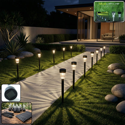 Wukusy solar-powered lawn pathway light set with 12 black stake lights illuminating garden walkways at dusk