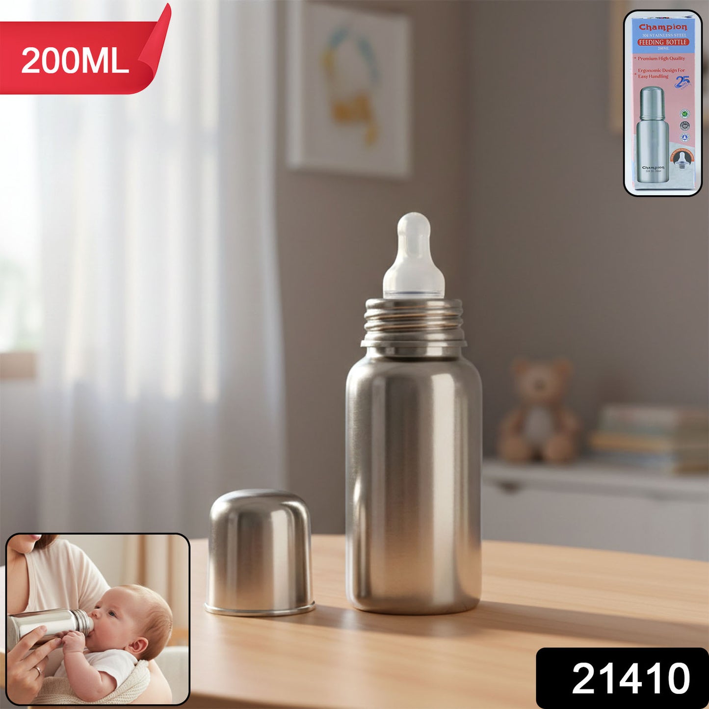 Stainless steel Wukusy baby feeding bottle with 200ml capacity, featuring a clear silicone nipple and ergonomic design.