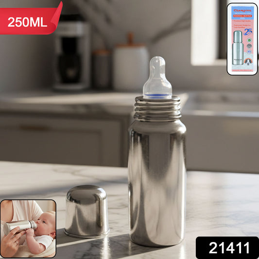 Stainless steel baby feeding bottle by Wukusy with 250 ml capacity, featuring a clear silicone nipple and ergonomic design.