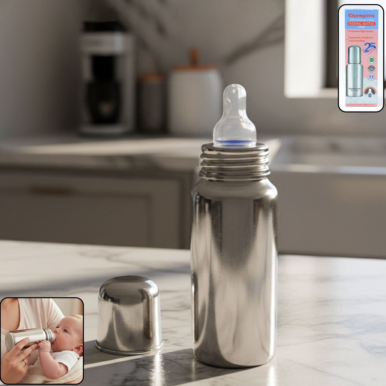 Stainless steel baby feeding bottle by Wukusy, 250 ml capacity with a clear silicone nipple and insulated body.