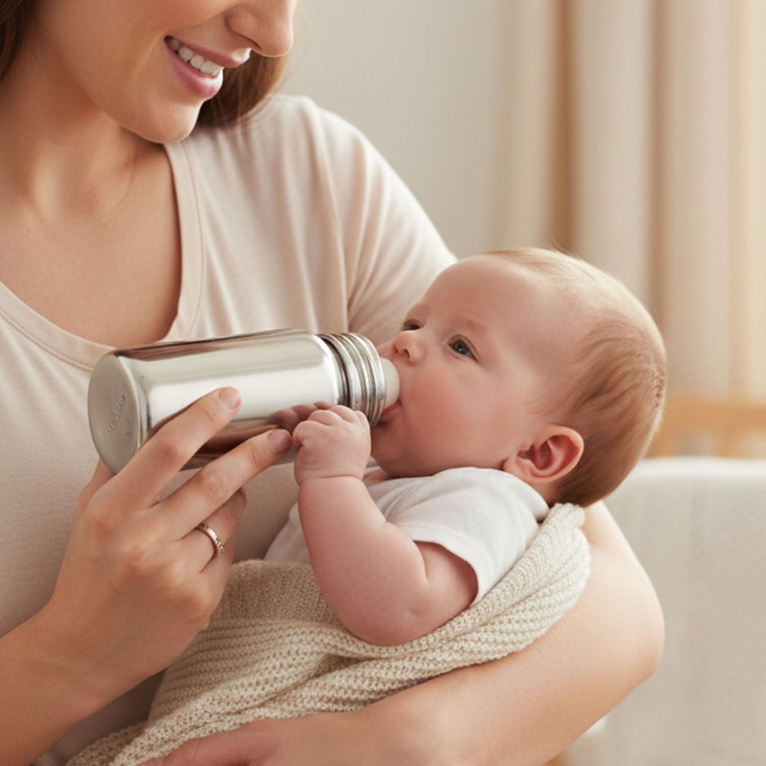 Stainless steel baby feeding bottle by Wukusy, 250 ml capacity, with a clear silicone nipple and ergonomic design for infants.