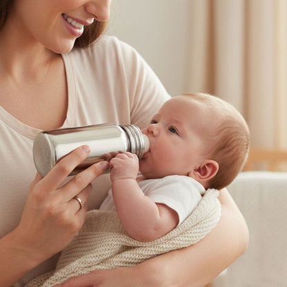 Stainless steel baby feeding bottle by Wukusy, 250 ml capacity, with a clear silicone nipple and ergonomic design for infants.