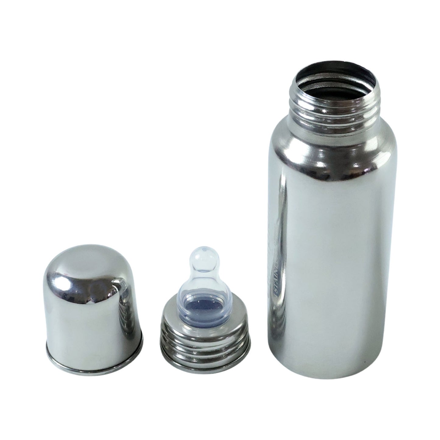 Stainless steel baby feeding bottle by Wukusy with 250ml capacity, featuring a clear silicone nipple and ergonomic design.