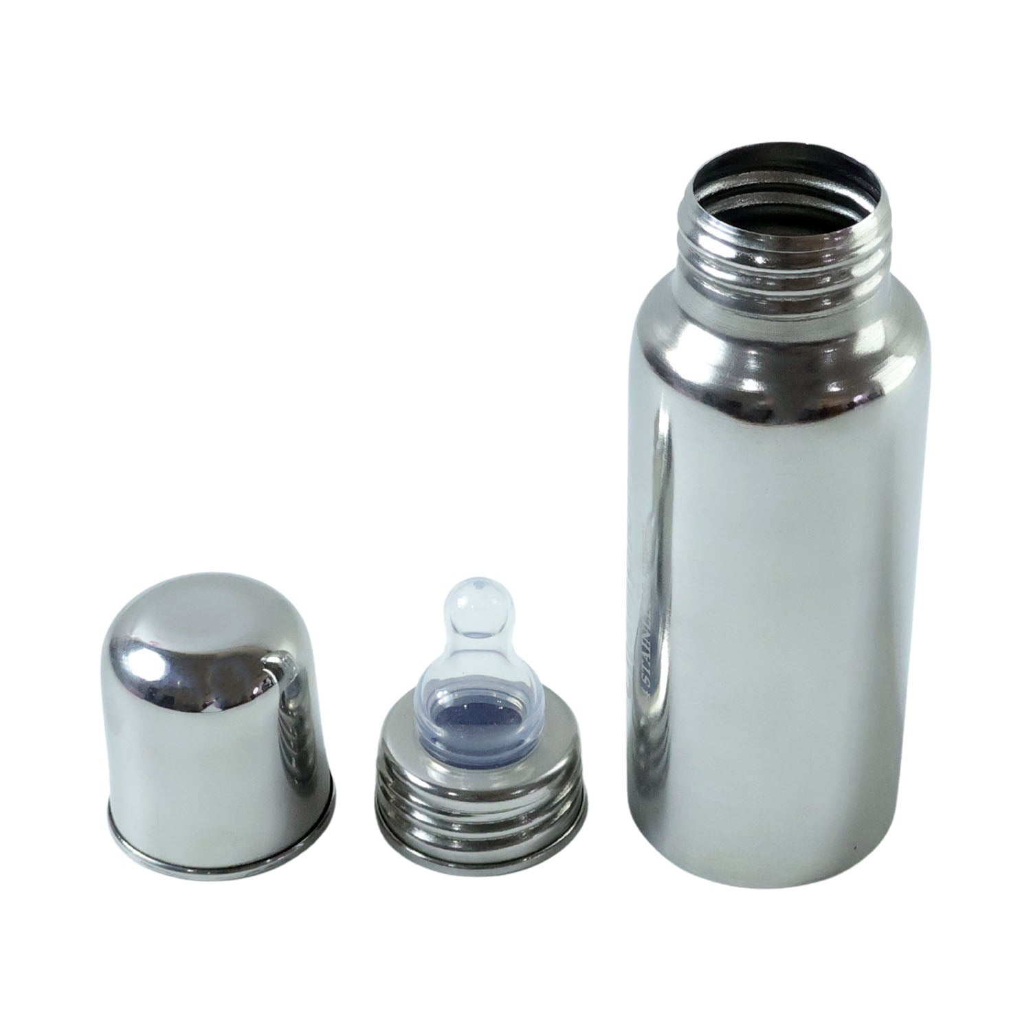 Stainless steel baby feeding bottle by Wukusy with 250ml capacity, featuring a clear silicone nipple and ergonomic design.