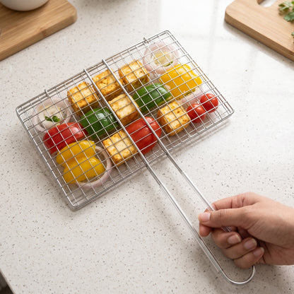 Wukusy stainless steel foldable BBQ grill wire mesh with handle, ideal for grilling, with a sturdy handle for easy use.