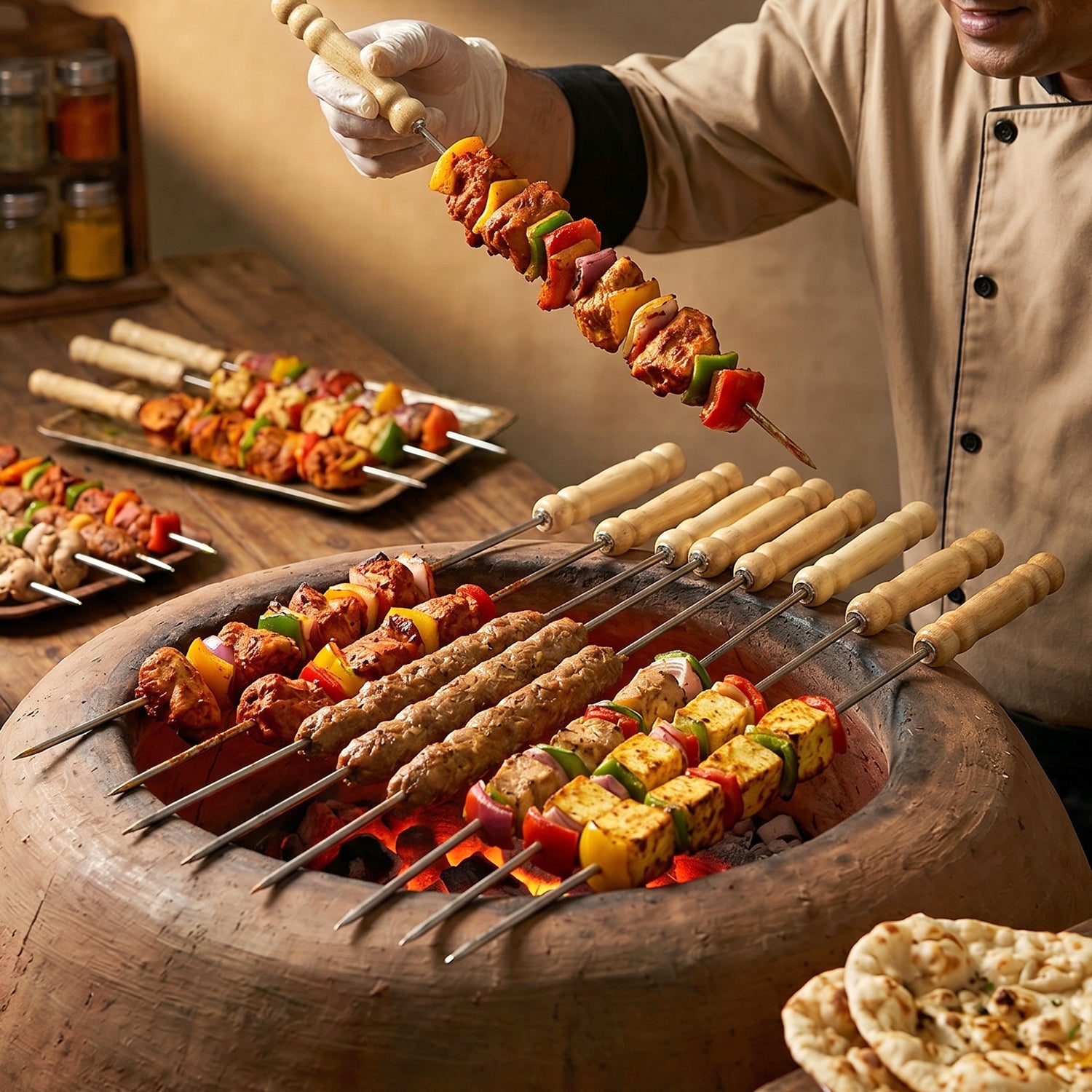Set of 12 stainless steel BBQ skewers with wooden handles from Wukusy, ideal for grilling and outdoor cooking.