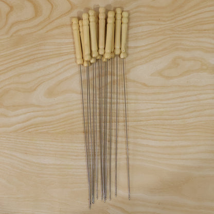Set of 12 stainless steel BBQ skewers with wooden handles, ideal for grilling and outdoor cooking by Wukusy.