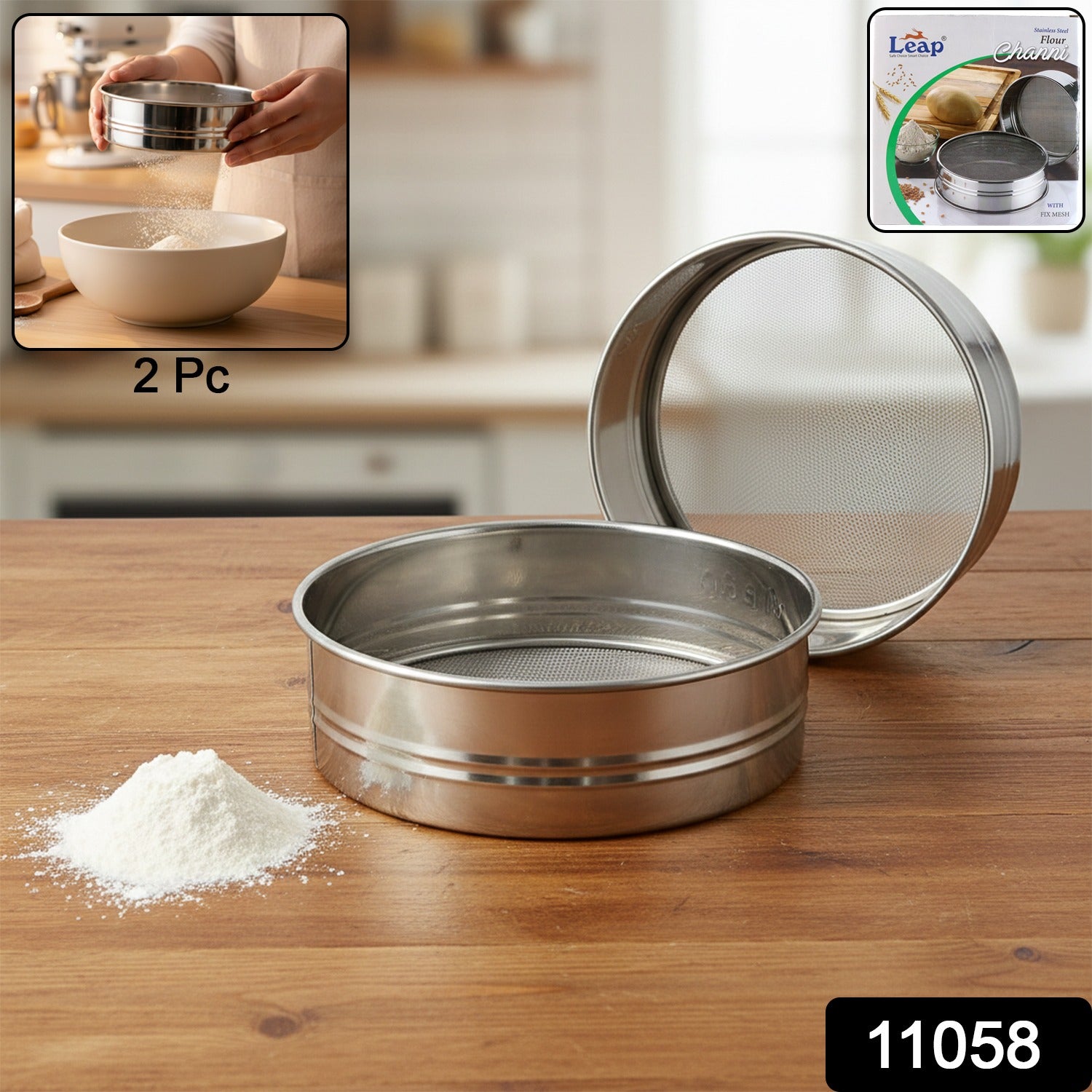 Wukusy stainless steel fine mesh atta chalni sieve set, 2-piece kitchen tool for sifting flour and fine ingredients.