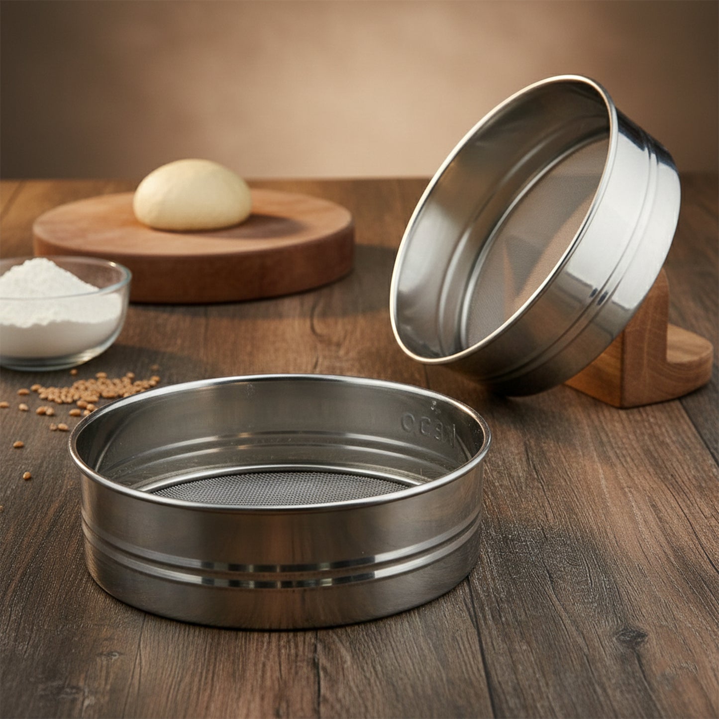 Wukusy stainless steel fine mesh atta chalni sieve set with two sieves for flour sifting and straining in the kitchen.