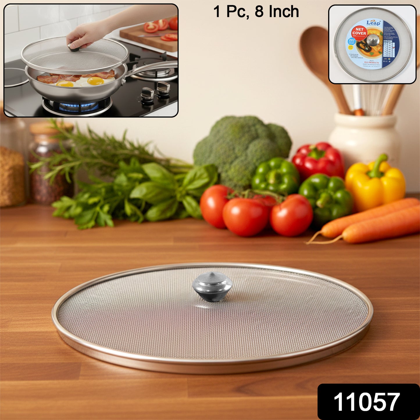 Wukusy 8-inch stainless steel fine mesh food net cover lid for protecting dishes and food from insects and debris.