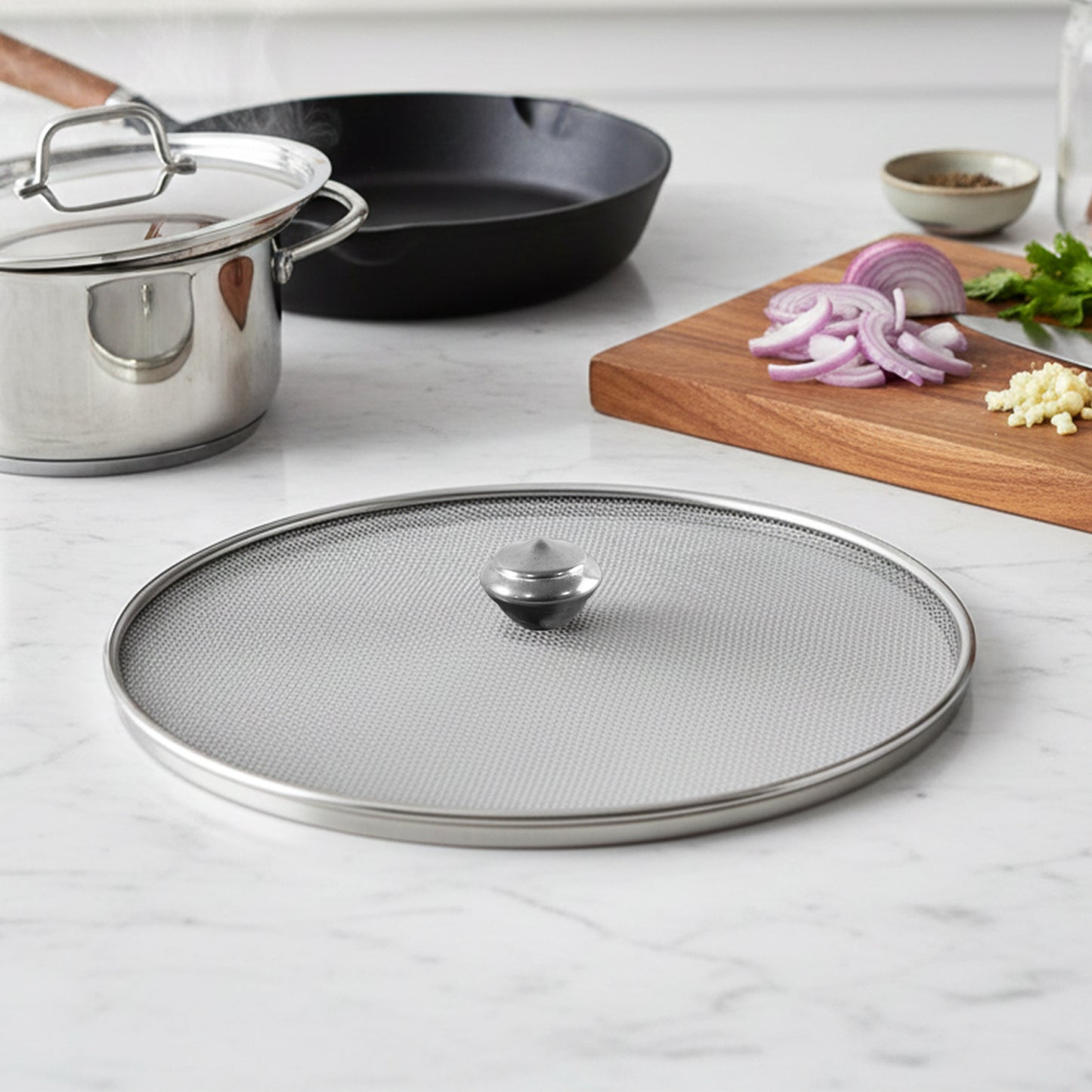 Wukusy 8-inch stainless steel fine mesh food net cover lid for protecting dishes and preventing insects in the kitchen.