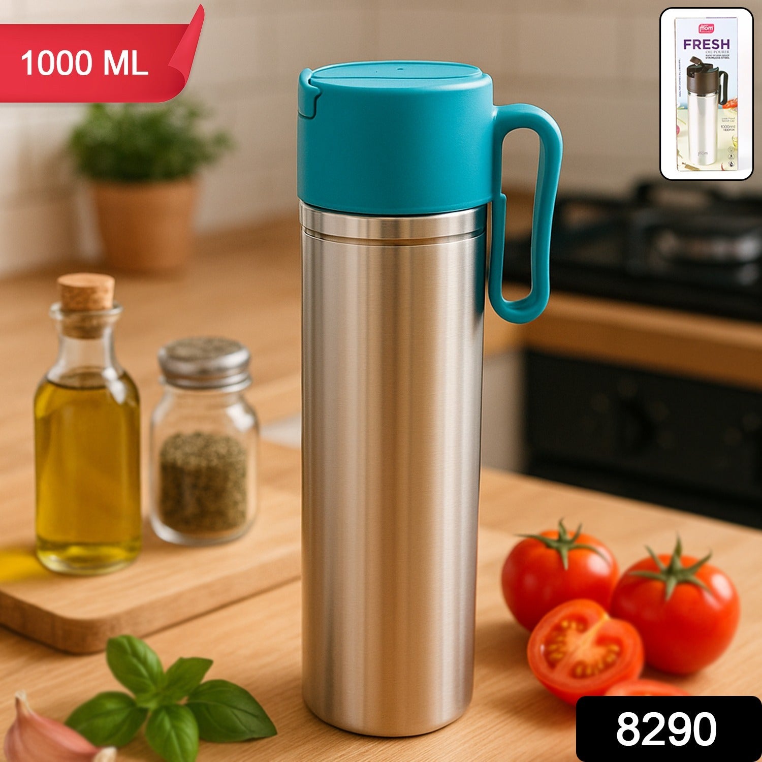 Stainless steel Wukusy oil pourer bottle with flip lid and handle, 1000ml capacity for fresh oil storage.