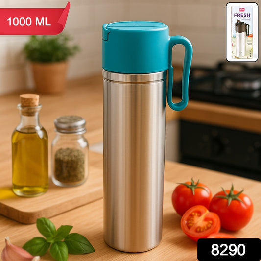Stainless steel Wukusy oil pourer bottle with flip lid and handle, 1000ml capacity for fresh oil storage.