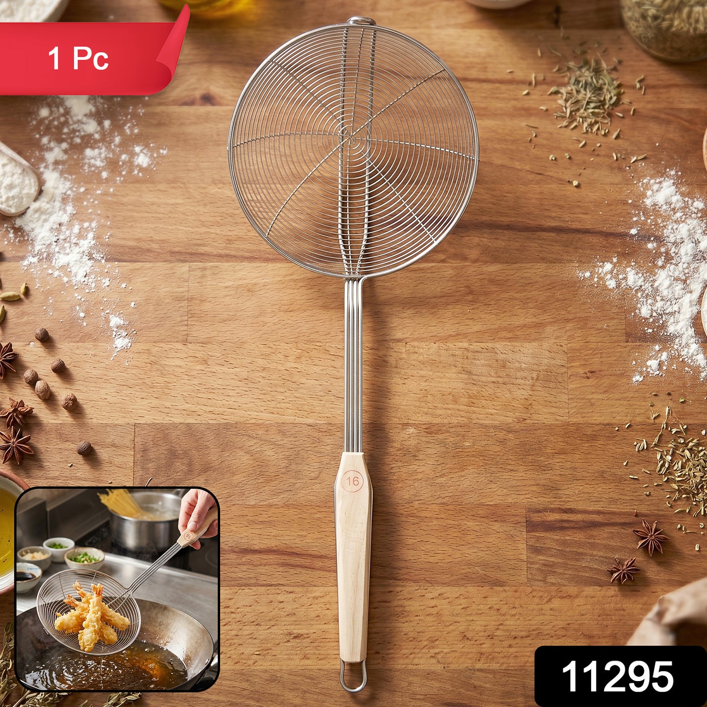Wukusy stainless steel frying skimmer strainer with wooden handle, 45 cm, for scooping and draining fried foods.