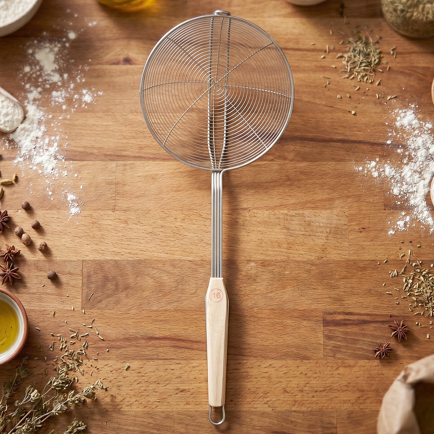 Wukusy stainless steel frying skimmer strainer with wooden handle, 45 cm, perfect for draining fried foods in the kitchen.