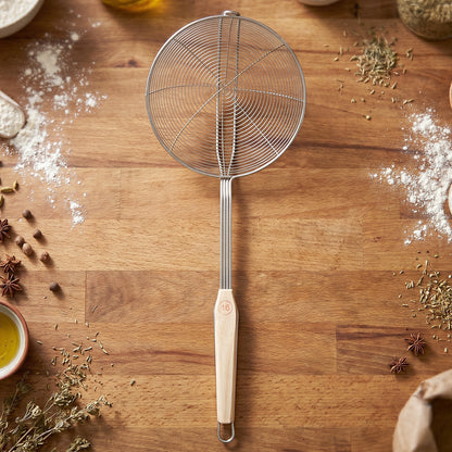 Wukusy stainless steel frying skimmer strainer with wooden handle, 45 cm, perfect for draining fried foods in the kitchen.