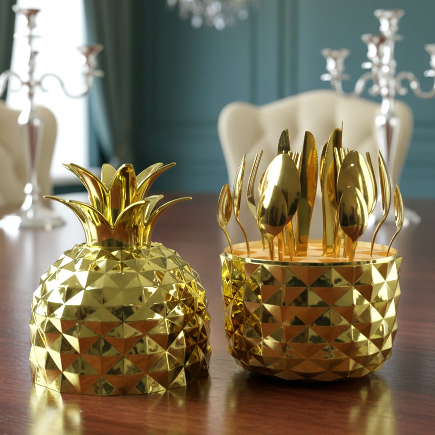 Wukusy stainless steel golden cutlery set with 24 pieces, including forks, knives, spoons, and a pineapple-shaped storage stand.