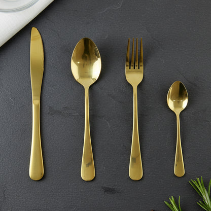 Wukusy stainless steel golden cutlery set with 24 pieces arranged on a pineapple-shaped storage stand, stylish and modern dining essentials